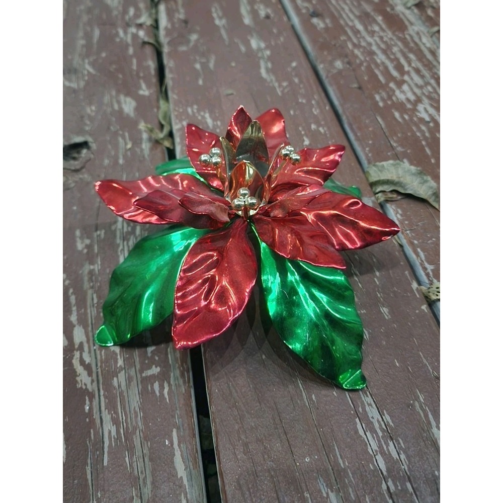 Vintage Department 56 Shiny Metal Poinsettia Taper Candle Holder, Made In Taiwan
